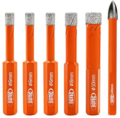 BGTEC Dry Diamond Core Drill Bits Set Hole Saw,6pcs 6/6/6/8/10MM Hex Shank Drill Bits+6mm Triangle Shank Carbide Drill for Granite Marble Porcelain Tile Ceramic