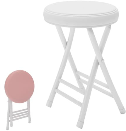SKINCATE Runder Gepolsterter Klappbarer Barhocker, 50cm Tresenstuhl Mit Fußstütze, Küchenhocker Stabiler, Outdoor Klapphocker Platzsparend, Für Küche, Bar & Events(White)