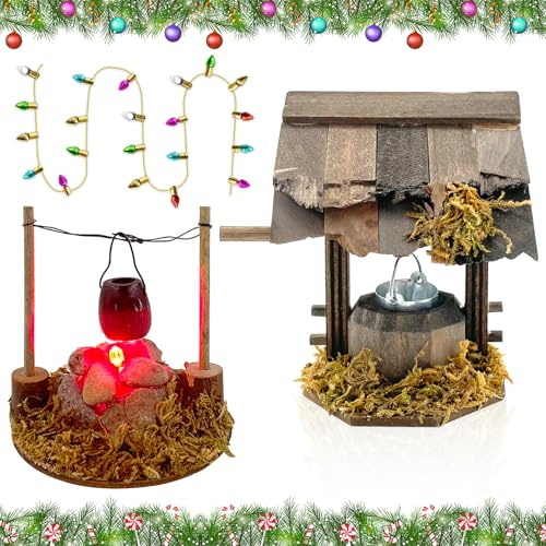 Lets Joy Miniatur Zubehör, Miniatur Picknick Zubehör, Lagerfeuer mit LED, Mini Puppenhaus Zubehör, Brunnen mit Beweglichen Eimer, Weihnachten Dekorative Ornamente, Puppenhaus Set