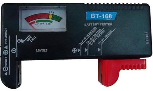 VoltShine Comprobador de pilas analógico con pantalla; mide voltaje y estado de pilas, útil para verificar el rendimiento de baterías.