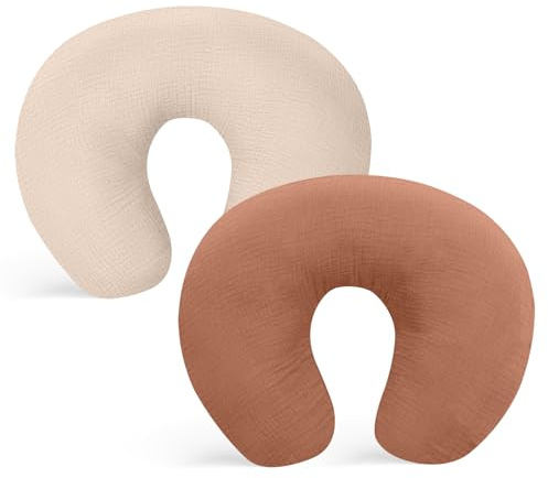 Winmany Stillkissenbezüge aus Musselin, weiche Baumwolle, für Neugeborene, Stillkissen, Baby-Fütterkissen, Schonbezug, Duschgeschenk für Jungen und Mädchen, Braun + Beige, 2 Stück