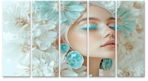 islandburner Bild auf Leinwand Frau mit Blumen und türkisen Wimpern Bilder Wandbilder Poster