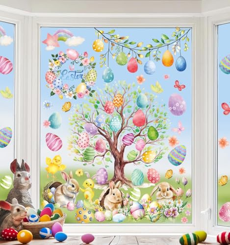 JMHACHY Easter Window Clings Decorations - 9 Sheets Easter Egg Window Clings, Cute Bunny, Lily, Chicks Stickers for Glass Windows, Double-Sided Static Decals