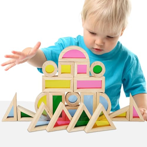 Tanxier Bloques acrílicos para niños pequeños, Bloques de Colores - 24X Juguete apilable de arcoíris de Madera - Bloques de construcción geométricos educativos, Juguetes interactivos de Aprendizaje