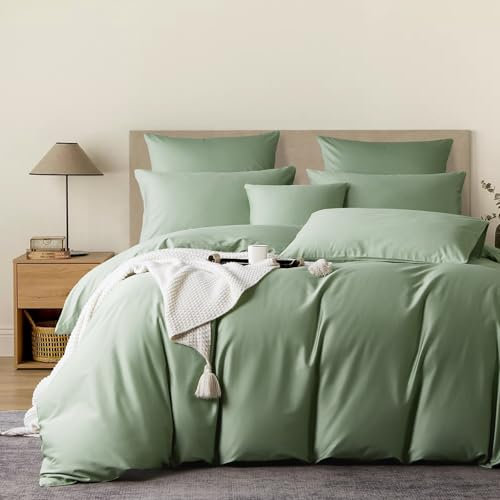 YASMENG Ropa de cama de satén, 200 x 220 cm, color verde, 100 % algodón de fibras largas, refrescante, mako satén, suave, sedoso, transpirable, de seda, juego de 3 piezas con cremallera y 2 fundas de