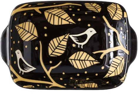 Lasagneform Stor djup, nordisk keramikform for ugn, rektangulär lasagneform med handtag, for gryta Tapaspajer-svart(Bird,Black)