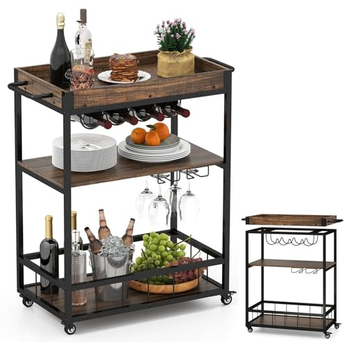 RELAX4LIFE Carrello Bar a 3 Livelli con Vassoio Rimovibile, Portabottiglie e Porta Bicchieri, Carrello su Ruote con Manico per Sala da Pranzo e Soggiorno