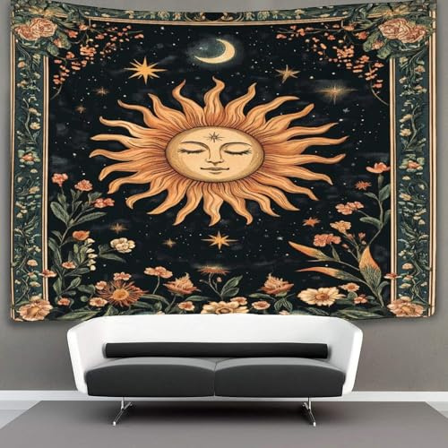 kaiyun Sonne, Mond und Sterne Wandteppich Wandtuch Wandbehang Tapestry Tapisserie Wanddekoration Bohème-Farben Wandkunst Wandtücher 150cmx200cm