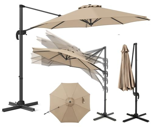 RELAX4LIFE Parasol Déporté 3x3M Rotatif à 360° (base croisée,Beige) | Parasol Inclinable de Jardin avec 5 Angles Réglables et 8 Baleines pour Extérieur Plage Piscine