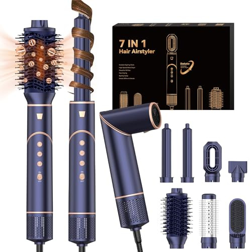 Pro Airstyler 7-i-1 Hairstyler Hårtork med Luftlocktång, Joniskt Höghastighetsset med Rund borste, Luftlocktång, Varmluftsborste och Plattång, Joniskt Hårtorkset med 110,000 varv/min, Safirblå