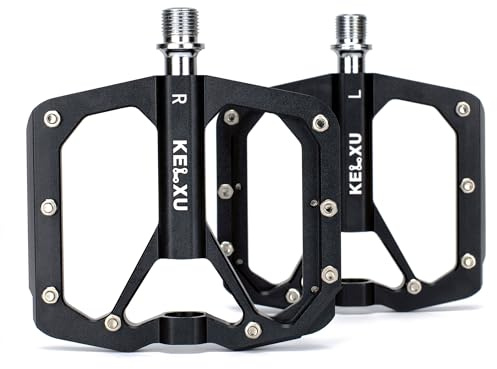 Kelxu Pédales Vélo à 3 Roulements, Usinées CNC Aluminium 9/16 Pédales Plates VTT avec Clous antidérapants Amovibles pour Route/BMX, Noir