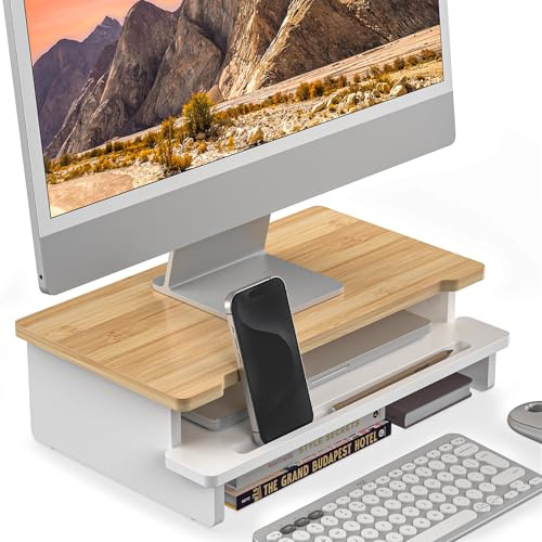 WELL WENG Monitorständer Monitorständer-Erhöhung für Schreibtisch, Holz-Schreibtischablage mit Aufbewahrungsorganizer und Halterung für Smartphone und Tablet (42cm, weiß & naturfarbenes Bambus)