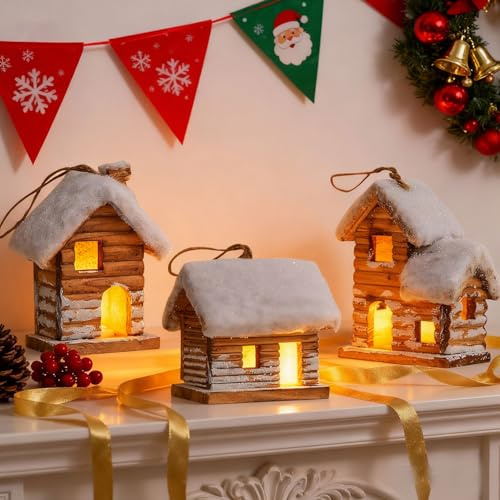 Timasser 3er Weihnachtsdorf mit Beleuchtung, Weihnachtsdeko Innen Weihnachtshaus Beleuchtet Weihnachtsdeko Holz Weihnachtsstadt mit Beleuchtung Weihnachten Deko Weihnachtsdorf Holz LED Innen (D)
