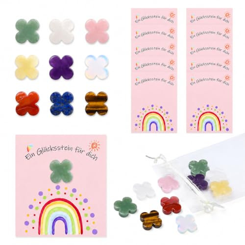 QINJIEJIE 10 Glücksklee Edelstein Vierblättriges Kleeblatt Glücksbringer Set mit Karte und Organza Beutel, Mitgebsel für Kindergeburtstag, Einschulung, Taufe, Gastgeschenk