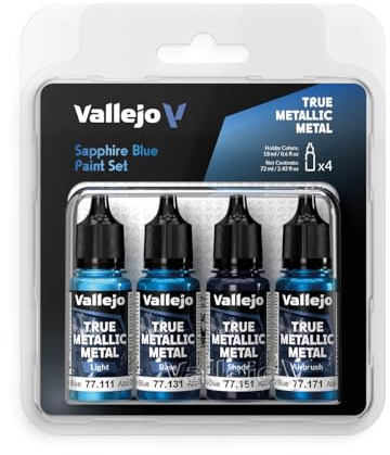 Vallejo True Metallic Paint Set, Sapphire Blue for Metal Painting, Includes Base, Light, Shade, Airbrush, BSL System for Consistent Results, 4 Colors
