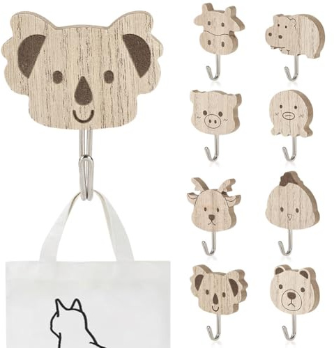 NUTKIT 8PCS Wooden Animal Wall Hooks,Cute Animal Adhesive Coat Hook