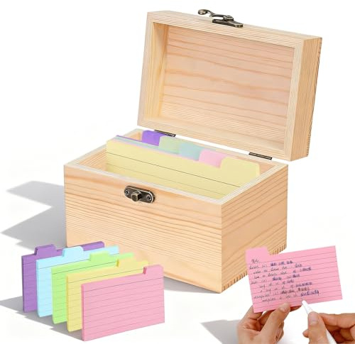 Caja de madera para tarjetas de vocabulario, 15 x 10 x 10,5 cm, incluye 50 fichas, caja de vocabulario con tapa para tarjetas de aprendizaje, tarjetas de visita, notas, tarjetas