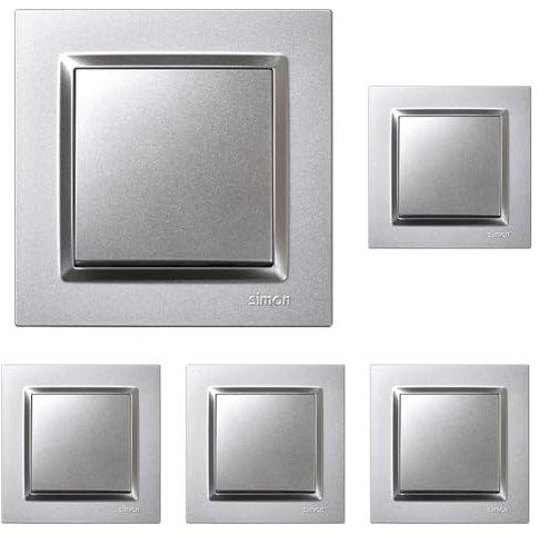 SIMON - Interruptor Conmutador, Serie Simon 10, 230V, Interruptor de Pared Interior, Fácil de Instalar, Incluye Marco, Tapa y Mecanismo, Color Aluminio (Paquete de 5)