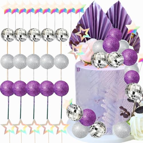 30PCS Disco Ball Cake Decoration Dancing Queen Purple Balls Cake Topper for Wedding Birthday Baby Shower Party Cake Decor Supplies
