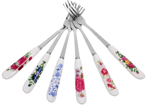 ibasenice Forchettine da Dessert Multifunzione in Acciaio Inox Manico Ergonomico in Ceramica, 6 Pezzi Portatili per Frutta, Dolci e Pasticceria, per Feste e Uso Domestico