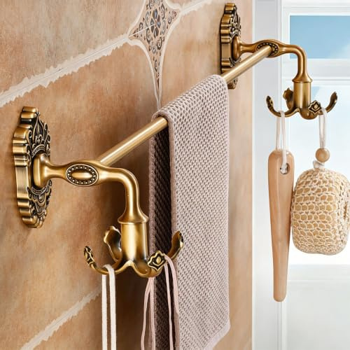 Porte Serviette Mural sans Perçage Laiton Antique, Barre de Serviette Extensible en Aluminium Spatial avec Crochet Pivotant, Accessoire Salle de Bain Rétro RV Cuisine(30cm/11.8in)