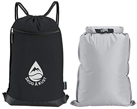 Skog Å Kust GymSak | Patented 2-in-1 Drawstring Cinch Bag with Removable Waterproof Dry Bag | Black & Grey