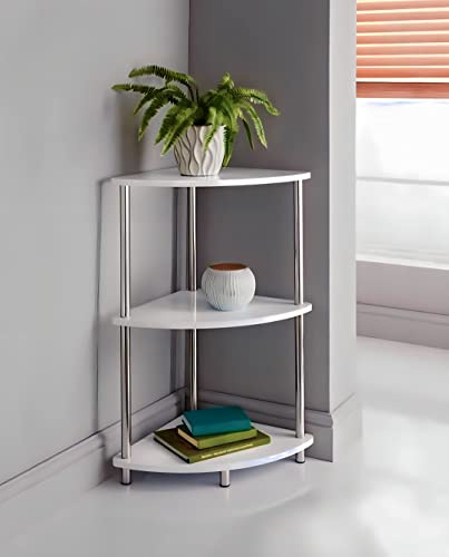 Norsk White Finish 3 Tier Corner Storage Shelves Unit Stainless Steel Legs