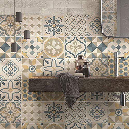 RE-COVERTILES - Adesivi Piastrelle Cucina Bagno Mattonelle adesive in PVC Impermeabili Antigraffio Stickers Decorazione Parete Cementine Peel and Stick - Modello 24 Pz 20x20 cm PS00198 Made in Italy