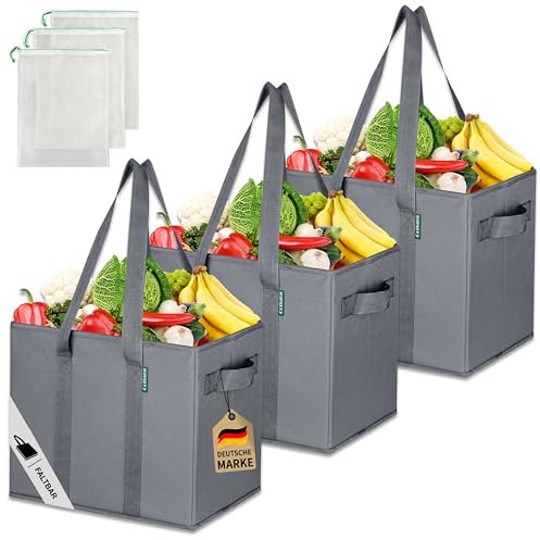 COTTARA® große Einkaufstasche faltbar 3er Pack & Obstnetz – stabiler großer Einkaufskorb faltbar mit verstärktem Boden – Ideale Einkaufstasche für Einkaufswagen & Kofferraum – 80 L Grau