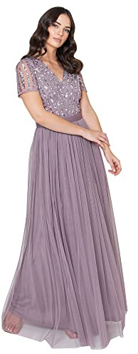 Maya Deluxe Women's Maxi Dress Ladies Bridesmaid V-Neck Ball Gown Short Sleeves Long Elegant Empire Waist Wedding, Moody Lilac, 26