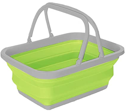 Mediawave Store - Bacinella Pieghevole Multiuso con Manici, Cesta Contenitore Salvaspazio 9 litri, Richiudibile in Silicone, Bacinella Pieghevole 9 litri Bucato, Lavanderia, Cucina (Verde)