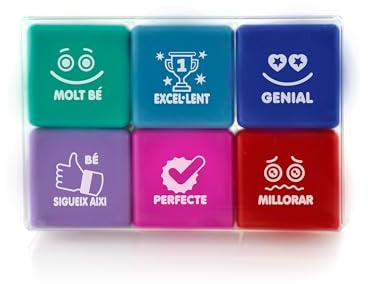 Pack 6 Sellos Escolares - Especial Profesores en 6 Colores y 7 Idiomas, Hasta 1000 Impresiones por Sellos en caja transparente by Office Box (Catalán/Valenciano)