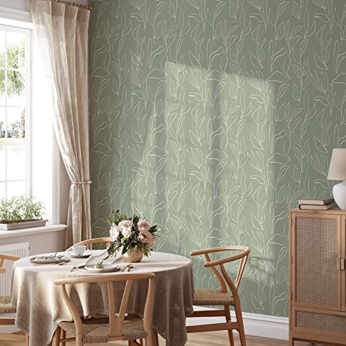 Coloritto Sage Modern Leaves Peel and Stick Wallpaper | Tropical Minimalistic Removable Mural | Self Adhesive Wallpaper (Sample 12 W x 8 H)