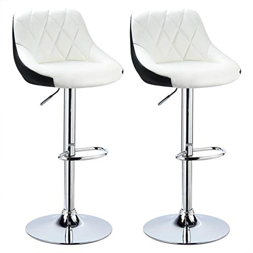 Drumm - Sillas de barra, taburetes altos de poliuretano, juego de 2, altura ajustable, rotación de 360°, taburete de bar con respaldo y reposapiés, pie cromado (blanco+negro-2)