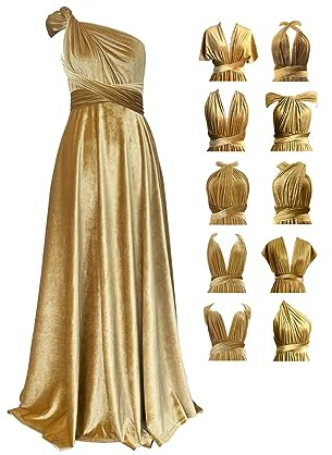 Vestido infinito de terciopelo con bandeau, vestidos convertibles de dama de honor, vestido largo de terciopelo de talla grande, vestido formal multiposición, Oro, Talla única