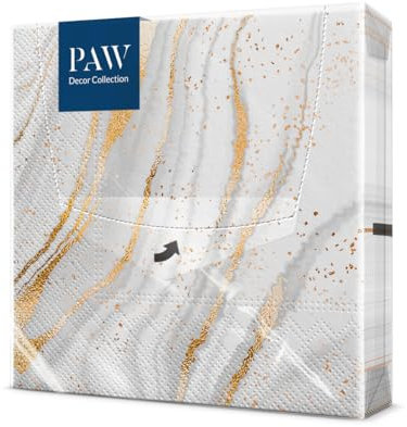 PAW - Servilletas Papel 3 Capas (33 x 33 cm) I 20 Unidades I Perfecto para Cumpleaños, Fiestas, Bodas, Comuniones y Celebraciones I Servilletas de Papel de Colores I Mármol Dorado