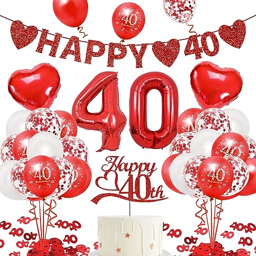 Rubinhochzeitt Deko, 40. Hochzeitstag- HAPPY 40 Banner, Zahl Foil Luftballons und Latexballon, Rot Zahl 40 Konfetti, Cake Topper für 40. Jubiläum Hochzeit Deko Geburtstag Party Feier