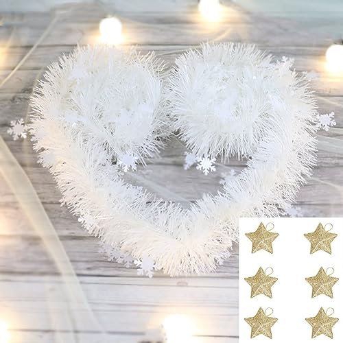 Yurosiay Weiß weihnachtsgirlande Set 2 Stück×2m Weiß Girlande Weihnachtsbaum Mit 6 Stück Glitzerstern-Anhänger Winter Künstliche Schneeflocken Tannengirlande für Kamin Treppe Geländer Gold