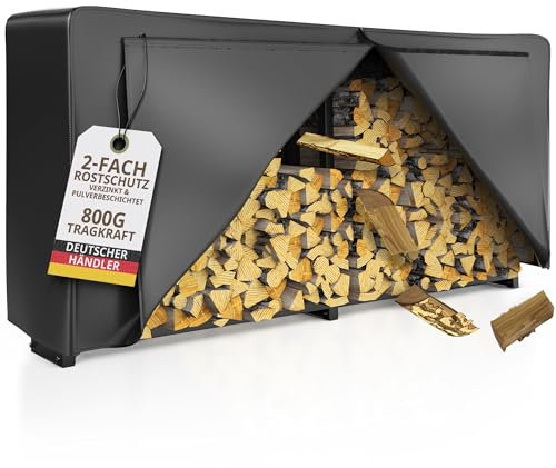 Kaminholzregal aussen VERZINKT mit Dach 223x25x115 mit 61cm Abdeckplane 800kg Brennholz Feuerholzregal Stapelhilfe Metall Kaminholzunterstand Abdeckung Brennholzunterstand Garten (Vierkant mit Plane)