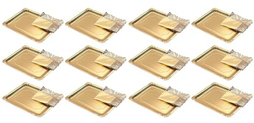Tradienur - Pack de 12 bandejas y blondas rectangulares - Fabricación de cartón que incluyen blondas caladas 100% reciclables - Apto para uso alimentario - 34 x 25 cm - Color Dorado