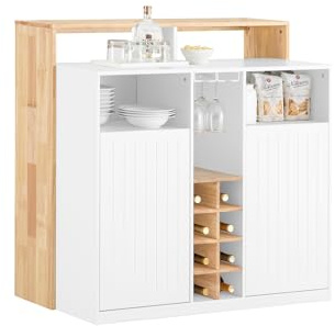 SoBuy Îlot de Cuisine, Meuble de Rangement Multifonction, Buffet avec Porte-Bouteilles, Meuble de Cuisine, Armoire Bar pour Salon, Buffet Salon, Blanc et Naturel 105 x 60 x 105cm KNL07-WN