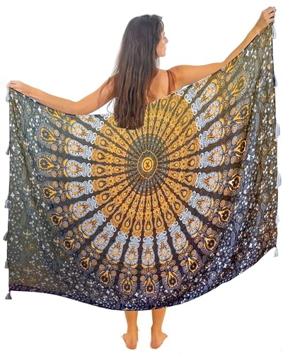 Mandala Life ART Pareo de algodón con borlas, Color Negro, XXL, Estilo Bohemio, Ideal para la Playa. Cubrebaño Sexy para Mujer, 2024, Tapiz de Pared de 180 x 120 cm, Hecho en India.