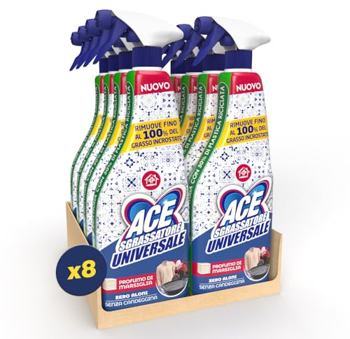 ACE Spray Sgrassatore Universale, Senza Candeggina, Zero Aloni, Profumo di Marsiglia, 8 flaconi da 600 ml