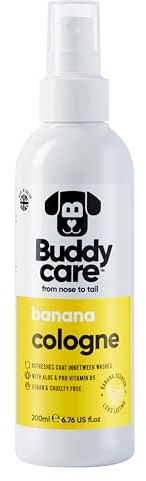 Buddycare Hund-Kölnisvatten – banan – fruktig och djärv doftande hund-colognevatten – fräschar upp mellan hundbad – med aloe vera och Pro-vitamin B5 (200 ml, 1 styck)