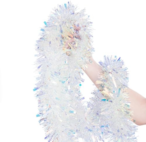 Gloreyan 33FT Christmas Tinsel Garland Iridescent Metallic Tinsel Twist Garland Glitter Foil Hanging Decoration for Xmas Tree Decoration Wedding Party Supplies