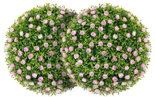 Goplus 14.5 Inch Topiary Balls Artificial Outdoor Set of 2, Faux Greenery Balls with Pink Flowers, Fake Plant Sphere, Round Artificial Plant Balls for Front Door, Porch, Backyard, Balcony, Home Décor