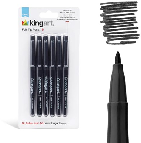 KINGART Studio Felt Tip Pens, 6 BLACK INK Markers - 0.7mm Medium Point, Water-Based, Smear-Resistant Pens for Art Projects, Writing, Drawing, Journaling, Note Taking, 6-Pack