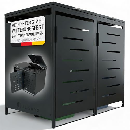 Juskys Mülltonnenbox Arel 2er - Metall Gartenbox für 120l BZW. 240l Mülltonnen - Aufbewahrungsbox abschließbar - Unterstand mit Dach & Gasdruckfeder - Anthrazit
