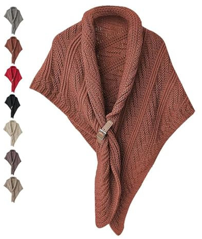AQCQDQ Dreieckiger Schal aus Leder mit Schnalle für Damen, Gestrickter Dreieckstuch mit Lederschnalle, Dreieckiger Schal, Gestrickte Schals mit Kunstleder-Schnalle, gehäkelt (Braun,Einheitsgröße)
