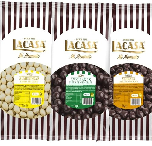 Lacasa Pack 3kg de bolas: Almendra con chocolate Blanco,Avellana con chocolate Negro, de naranja con chocolate Negro